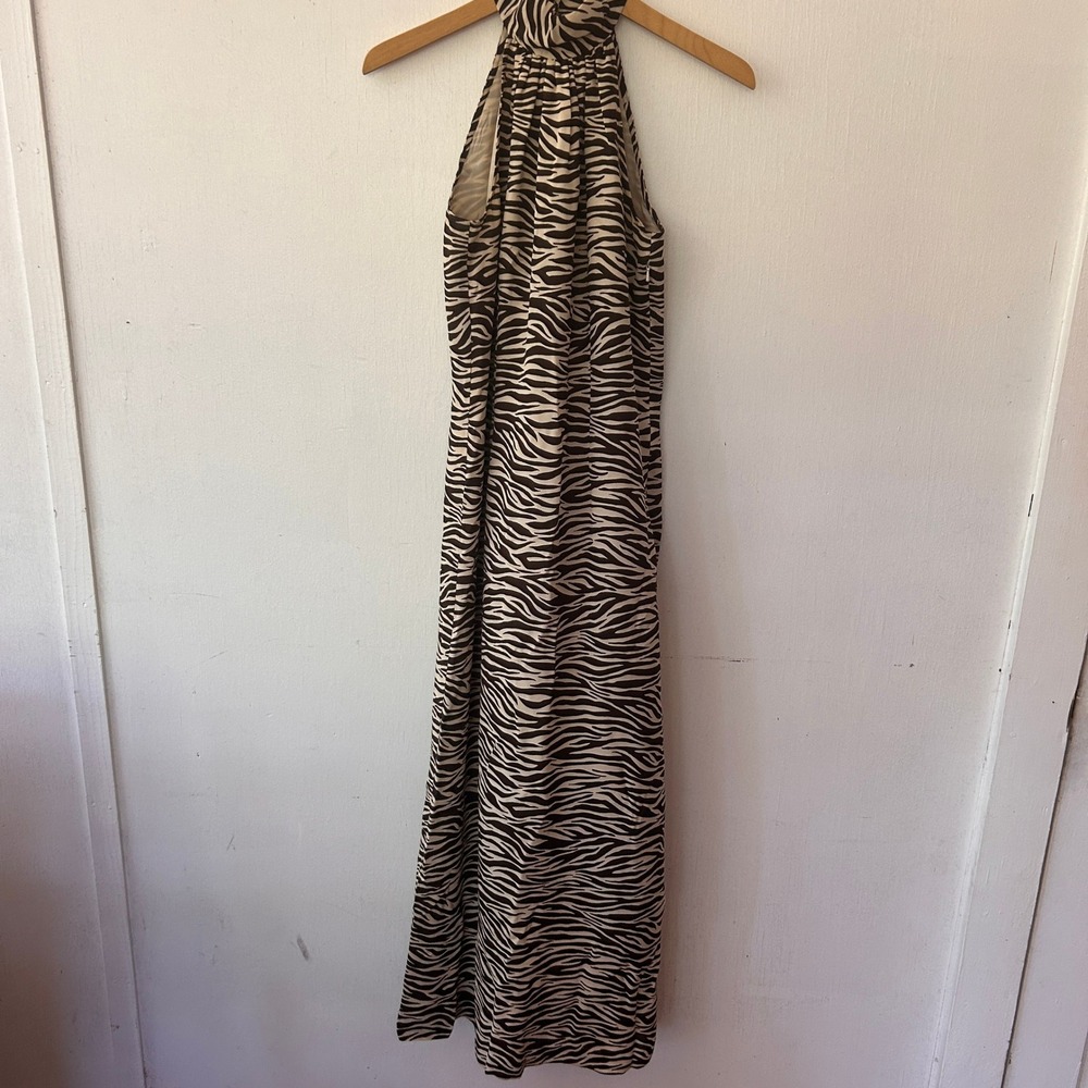 Boston Proper Silk Maxi Dress Womens 2 Brown Zebra Halter Neck Animal Print Chic